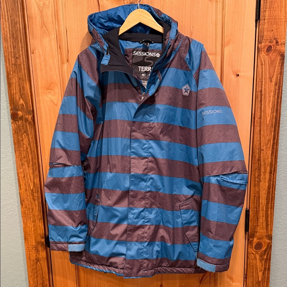 SESSIONS Men's Blue and Brown Striped Ski Jacket